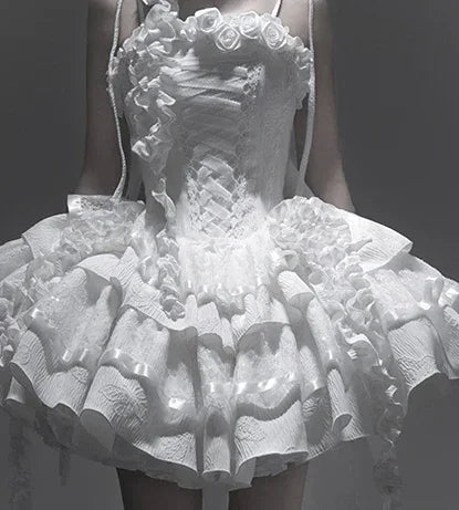 Lolita Princess Rose Ruffles Strapless Mini Ball Gown White