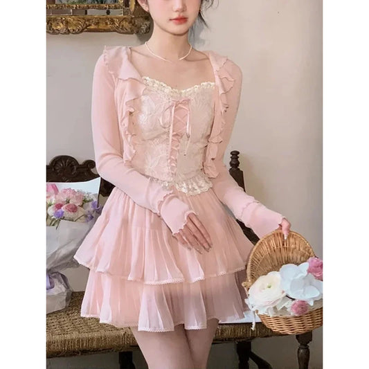 Pink Ruffle Top Cardigan Skirt Set